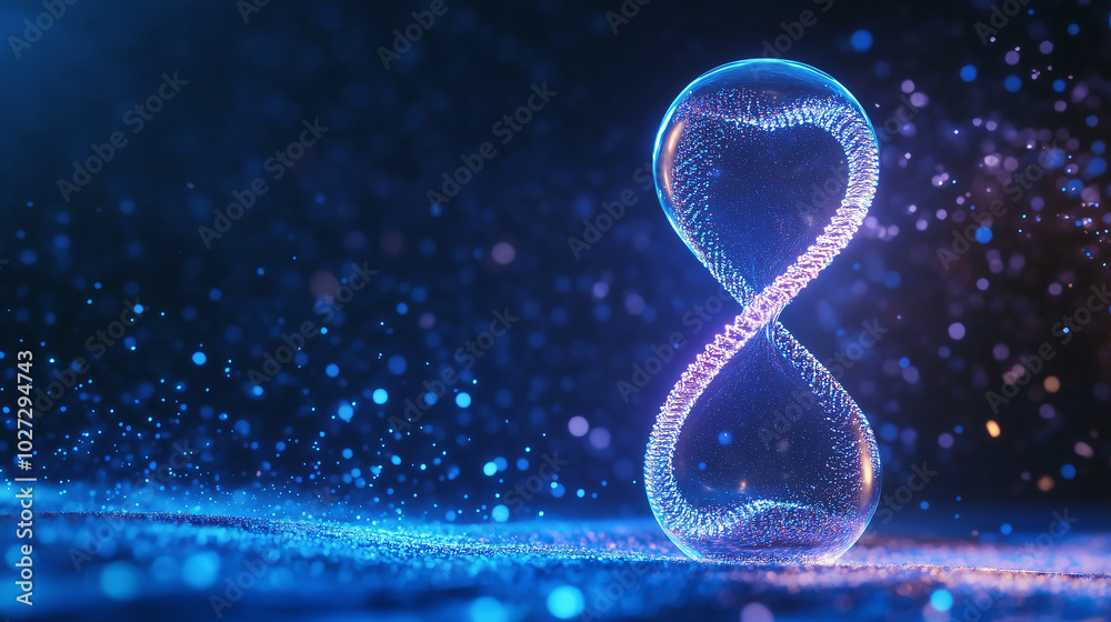 A high-tech digital hourglass, illuminated by neon blue particles, with a central DNA helix representing the passage of time and biological evolution. The intricate design and floa A high-tech digital hourglass, illuminated by neon blue particles, with a central DNA helix representing the passage of time and biological evolution. The intricate design and floa