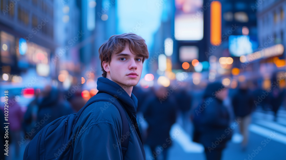 An artistic shot of a young man in a bustling city street, standing still while the surrounding crowd is blurred in motion. The blue hue enhances the feeling of detachment, while h An artistic shot of a young man in a bustling city street, standing still while the surrounding crowd is blurred in motion. The blue hue enhances the feeling of detachment, while h