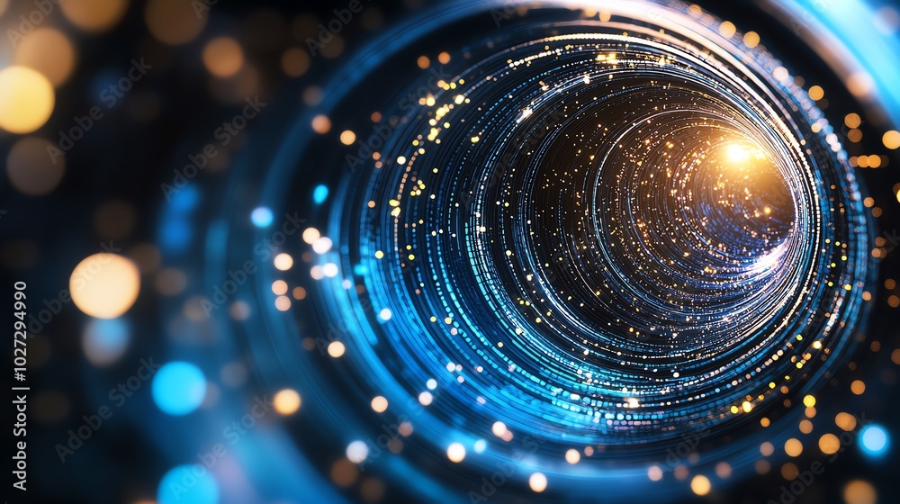 Obraz premium Abstract spiral light tunnel with glowing particles, creating a futuristic and cosmic warp effect, ideal for tech-themed designs.