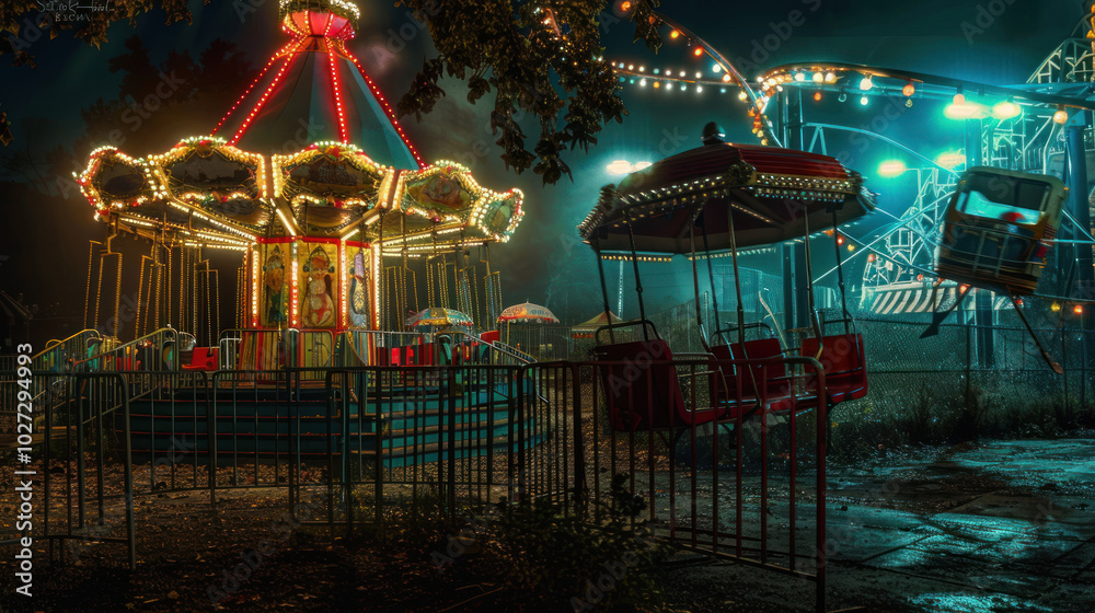 Obraz premium A spooky carnival at night, with abandoned rides, flickering lights, and creepy clowns lurking in the shadows.