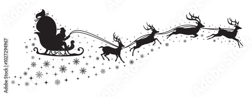Santa Claus flying on a sleigh with Christmas reindeer with stars and snowflakes. Black silhouette of Santa Claus and Reindeer Sleigh. for winter holiday decoration, and Christmas greeting card.