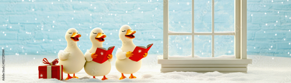 Three cheerful ducks caroling by a window in a snowy setting, festive decorations. Three cheerful ducks caroling by a window in a snowy setting, festive decorations.