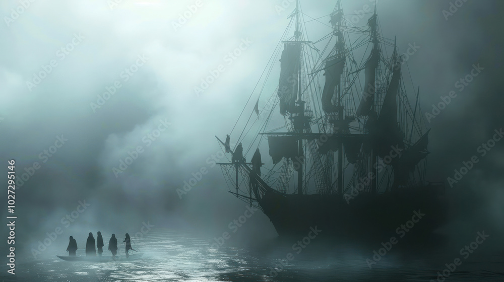 A spooky ghost ship drifting through a foggy sea, with ghostly sailors standing on the deck. A spooky ghost ship drifting through a foggy sea, with ghostly sailors standing on the deck.