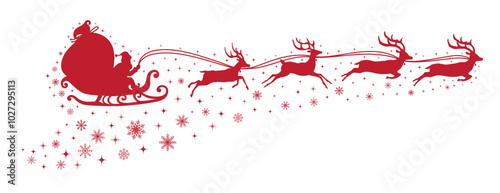 Santa Claus flying on a sleigh with Christmas reindeer with stars and snowflakes. Red silhouette of Santa Claus and Reindeer Sleigh. for winter holiday decoration, and Christmas greeting card.