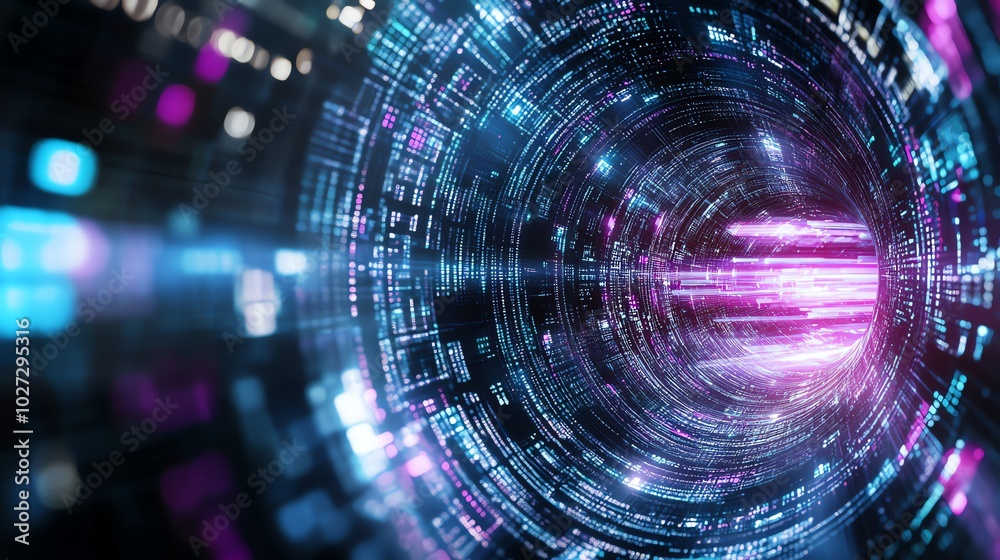 Obraz premium Futuristic digital abstract background with glowing lights and data streams, illustrating technology and innovation concepts.
