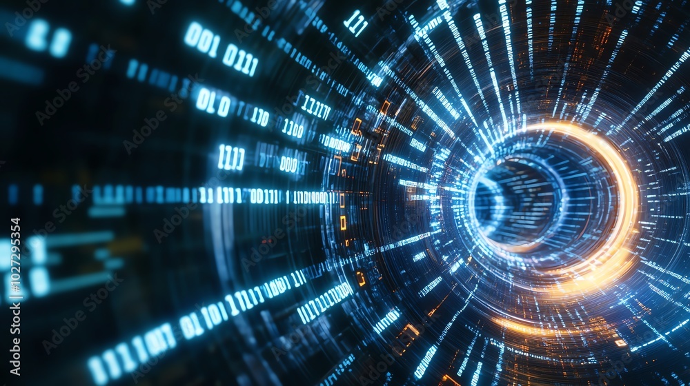 Fototapeta premium Futuristic digital data stream concept, glowing tech tunnel with binary code, representing high-speed data transfer and innovation.