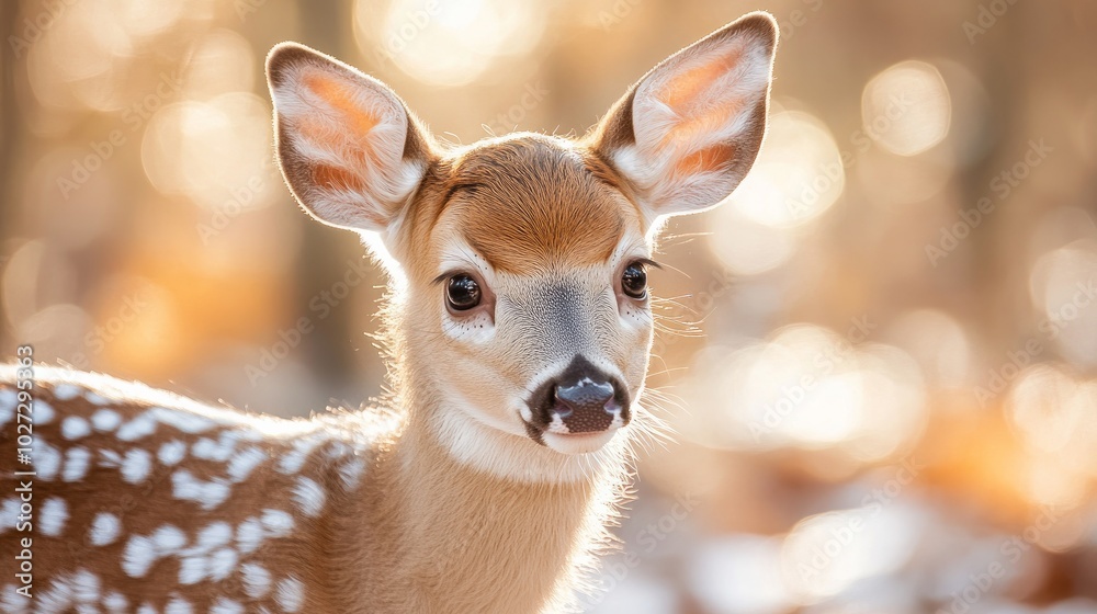 A young white-tailed deer with white patches all over its coat. A young white-tailed deer with white patches all over its coat.