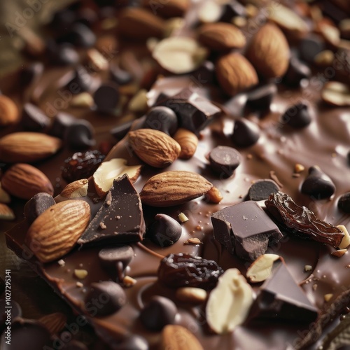 A tantalizing close-up of rich, dark chocolate adorned with almonds, raisins, and chocolate chips for a decadent treat.