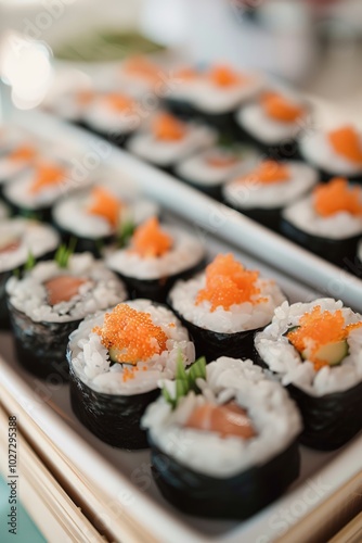 Delicious sushi rolls with salmon and roe prepared for a gathering in an inviting setting