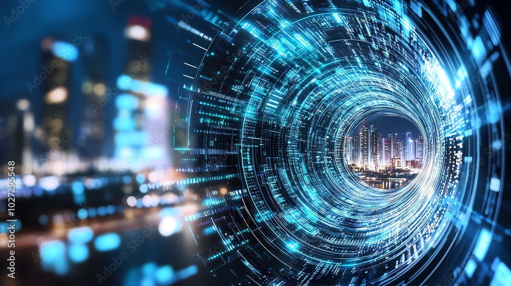 Obraz premium Futuristic digital tunnel with a cityscape background, representing technology, speed, and innovation in a modern urban setting.