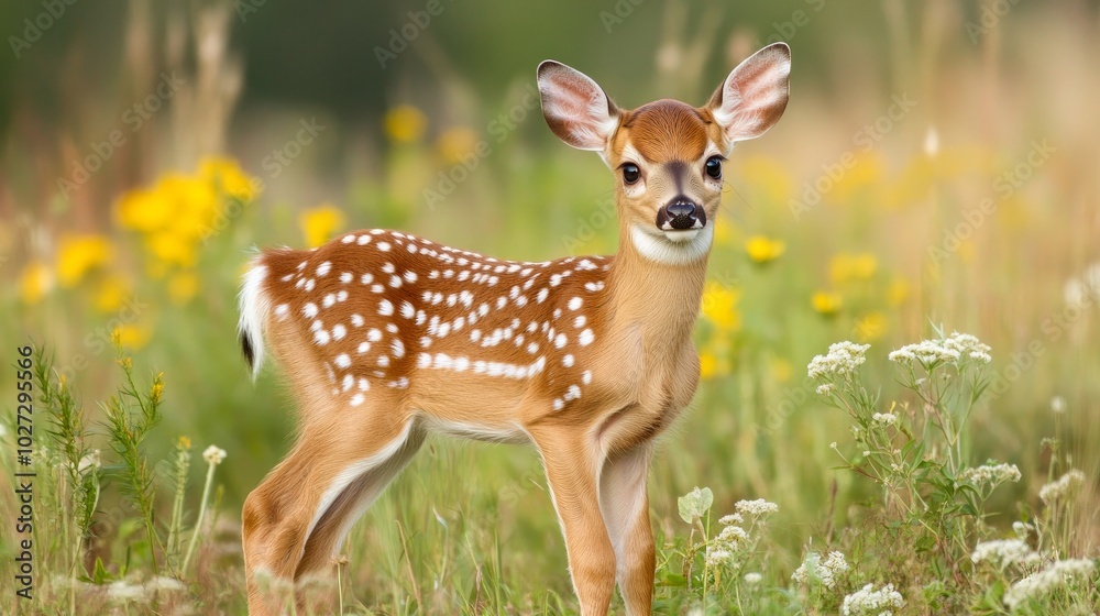 A young white-tailed deer with white patches all over its coat. A young white-tailed deer with white patches all over its coat.