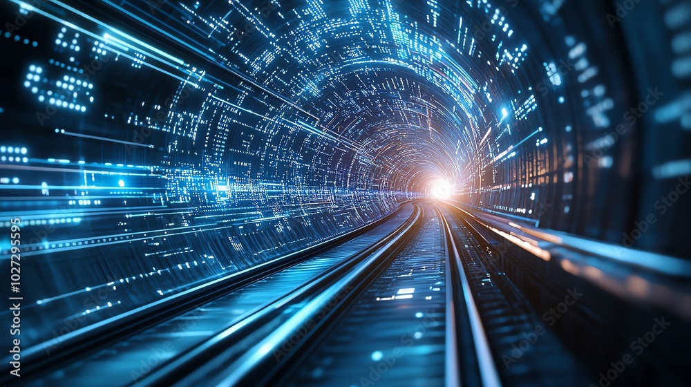 Futuristic digital tunnel with dynamic blue lights, representing speed and technology in motion towards a bright light. Futuristic digital tunnel with dynamic blue lights, representing speed and technology in motion towards a bright light.