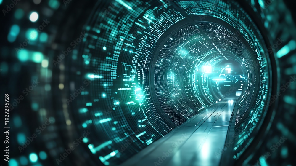 Futuristic digital tunnel with glowing blue lights and matrix-style visual effects, depicting advanced technology and virtual reality concepts. Futuristic digital tunnel with glowing blue lights and matrix-style visual effects, depicting advanced technology and virtual reality concepts.
