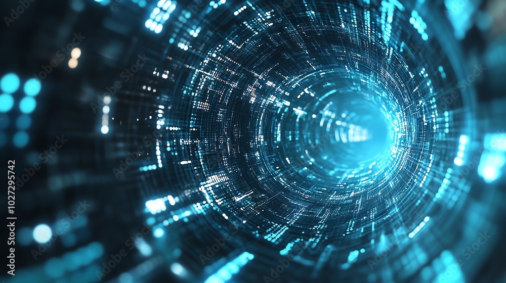 Fototapeta premium Futuristic digital tunnel with glowing blue lights, symbolizing data flow and technology innovation in cyberspace.