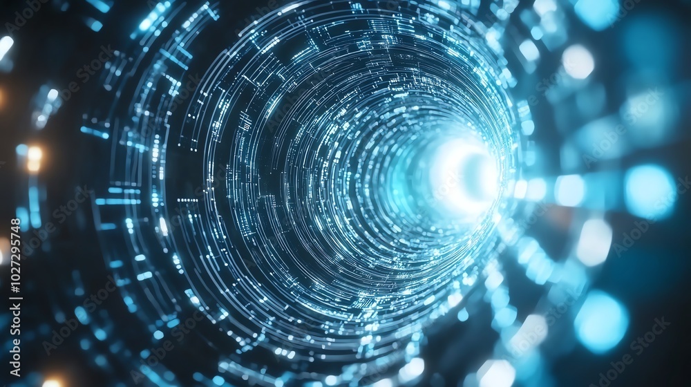 Fototapeta premium Futuristic digital tunnel with glowing blue lights, symbolizing data transfer and advanced technology. Perfect for tech and sci-fi themes.