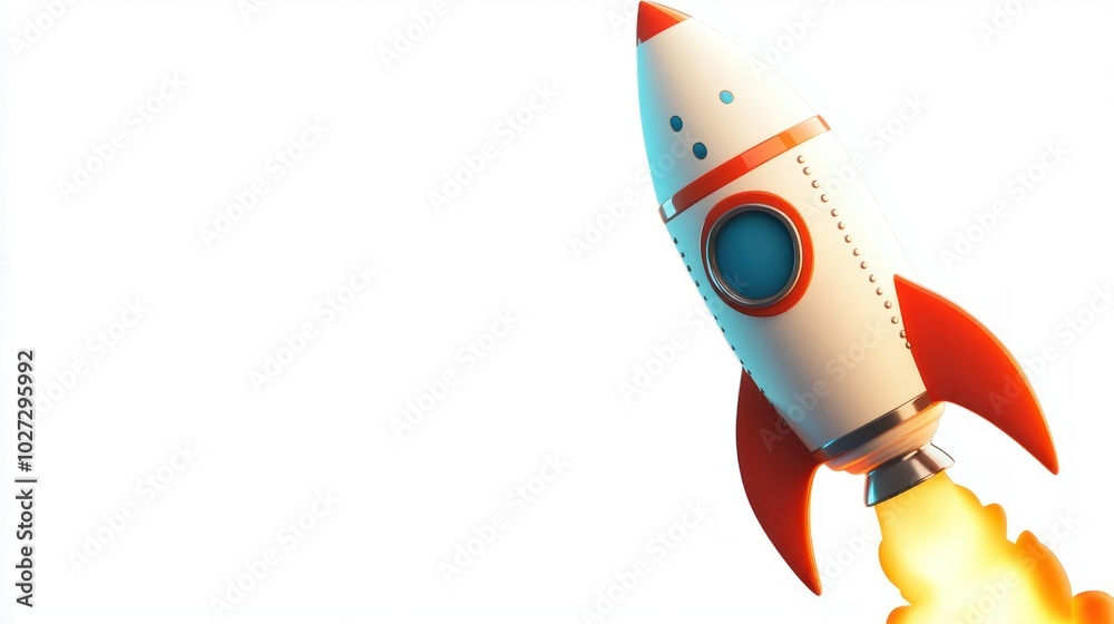 A Cartoon Rocket Ship Taking Off Against a White Background A Cartoon Rocket Ship Taking Off Against a White Background