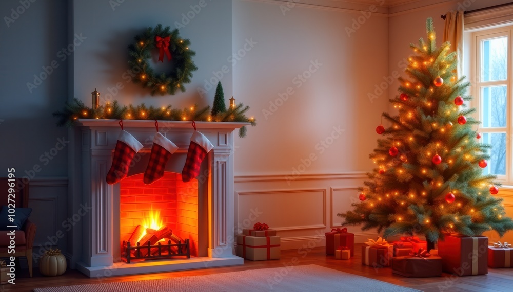 A warmly lit fireplace with stockings hanging above it, a Christmas tree decorated with twinkling lights nearby. A warmly lit fireplace with stockings hanging above it, a Christmas tree decorated with twinkling lights nearby.