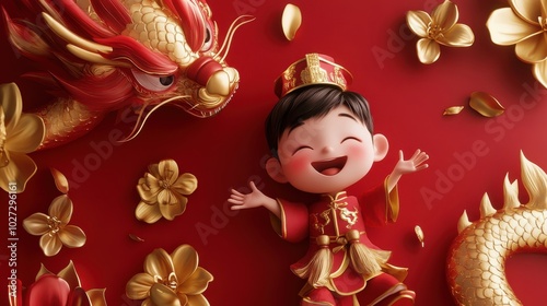 A joyful young boy celebrates the Lunar New Year with a golden dragon and vibrant flowers on a festive red backdrop