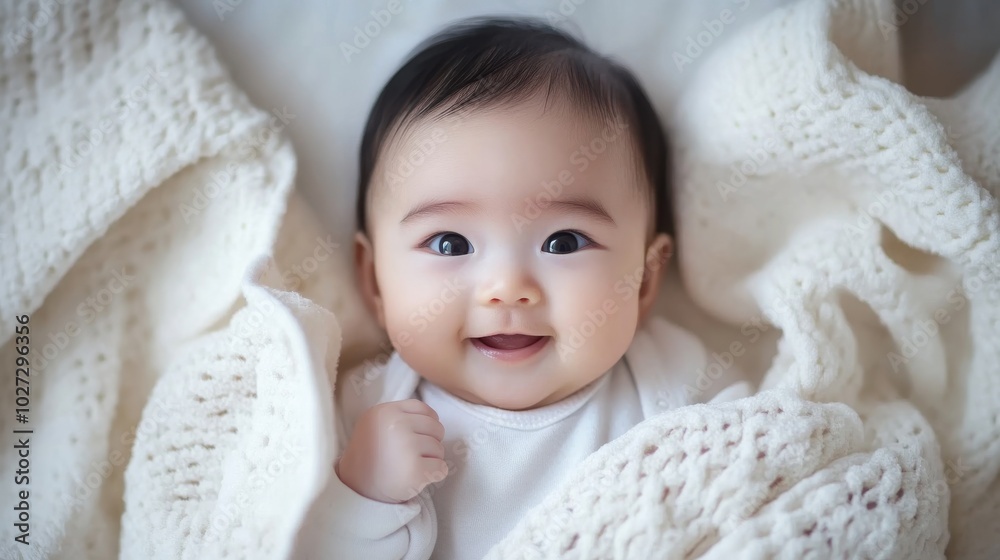 A joyful baby wrapped in a cozy white blanket with a bright smile at home during daytime A joyful baby wrapped in a cozy white blanket with a bright smile at home during daytime