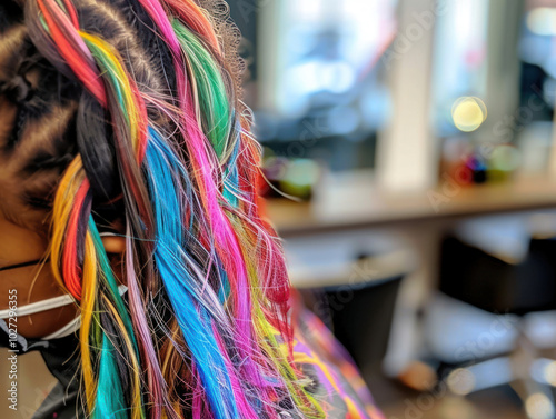 A stylist applying vibrant hair color in a chic salon, highlighting the transformation in progress photo