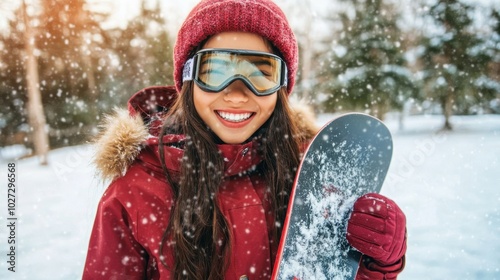 A young girl enjoys a snowy day while snowboarding in a winter wonderland surrounded by evergreen trees