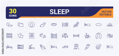 Sleeping icons. Set of sleep minimal icons. Pillow, bed, bedtime, comfort, restful. Collection of sleep and resting icon. Vector illustration.