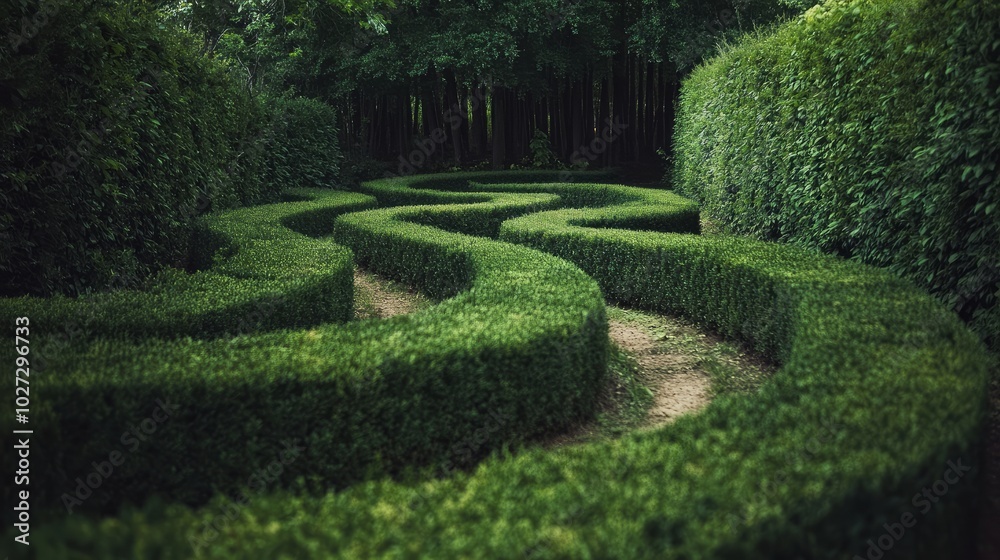 A hedge pruned to resemble a maze-like problem, making a meandering garden route A hedge pruned to resemble a maze-like problem, making a meandering garden route