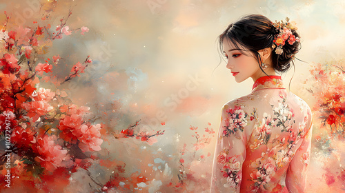 A Beautiful Woman in an Elegant Qipao Standing with Her Hands Gracefully Folded, Emphasizing Poise and Sophistication, Showcasing Traditional Chinese Fashion with Intricate Patterns, Exuding Femininit photo