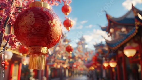 Colorful lanterns illuminate a vibrant street in an Asian festival setting during sunset, surrounded by blooming cherry blossoms