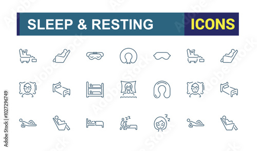 Sleeping icons. Set of sleep minimal icons. Pillow, bed, bedtime, comfort, restful. Collection of sleep and resting icon. Vector illustration.