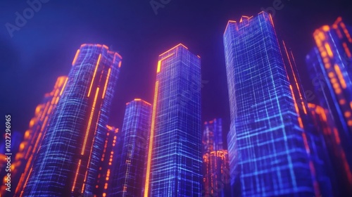 Futuristic skyline illuminated with neon lights at night showcasing towering skyscrapers in a vibrant urban environment