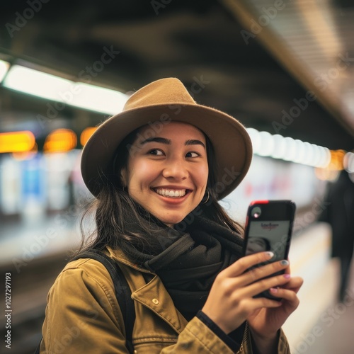 A cheerful woman in a subway station, clad in a hat and scarf, radiates warmth amidst the busy backdrop, embodying urban life and style. photo