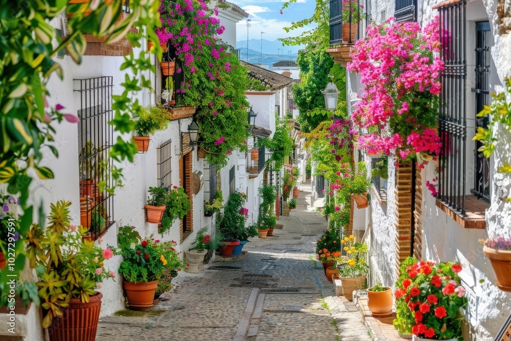 Naklejka premium A narrow street lined with potted plants and flowers, generative ai image