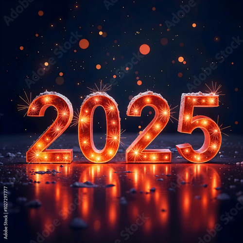 2025 New Year Background. Large vibrant numbers with glowing lights on a dark background. Happy new year, festive atmosphere.