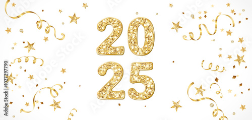 2025 golden glitter numbers. Happy new year banner. Background with golden confetti. Flying ribbons and stars. Vector decoration. For Christmas and holiday headers, party flyers.