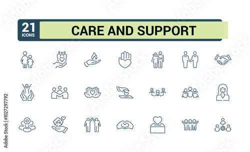 Love, care, support, friendship icon set. Love icon pack. Editable stroke outline icons and vector illustration. Pixel perfect.