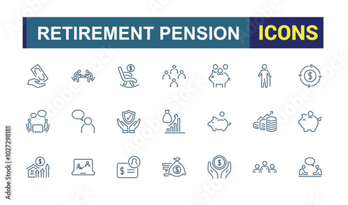 Set of retirement planning icons. Elderly and pension icon. Vector Illustration. Editable line icon Collection for Web and apps.