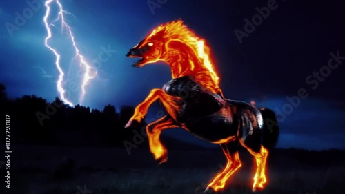 a serene horse grazes calmly, its glossy black coat shimmering in the soft light and the horse rears up, its body writhing as it transforms. Its mane bursts into flame, 