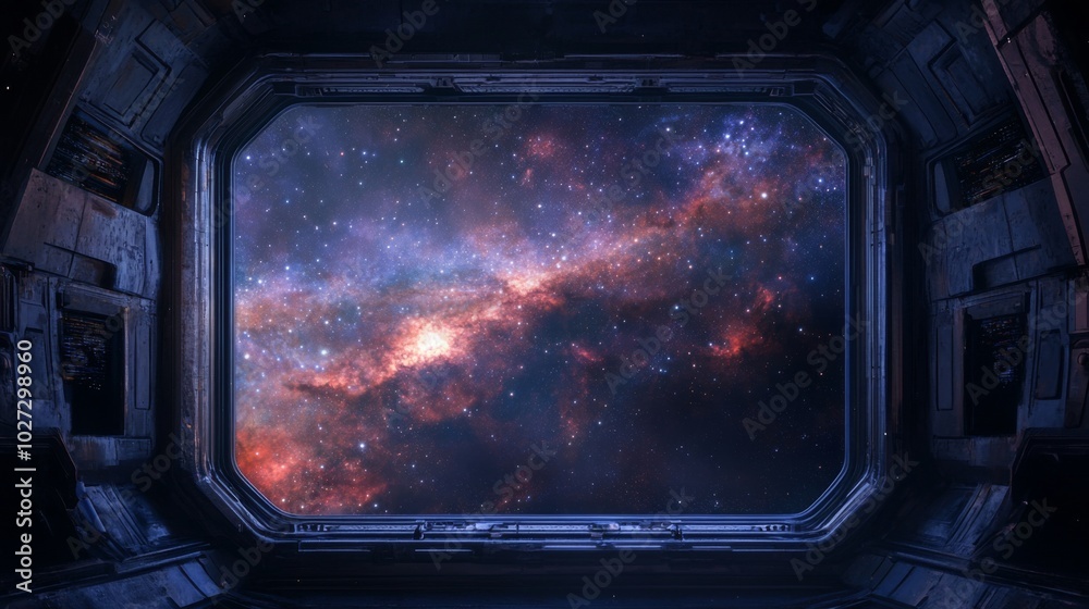 View of a Nebula through a Spacecraft Window. View of a Nebula through a Spacecraft Window.