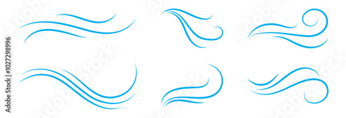 Wind linear sketch set, wind blow line icon. Isolated vector illustration. Wind motion, air blow, swirl elements. Air blow motion, smoke flow art, windy weather symbol, abstract curved line. 