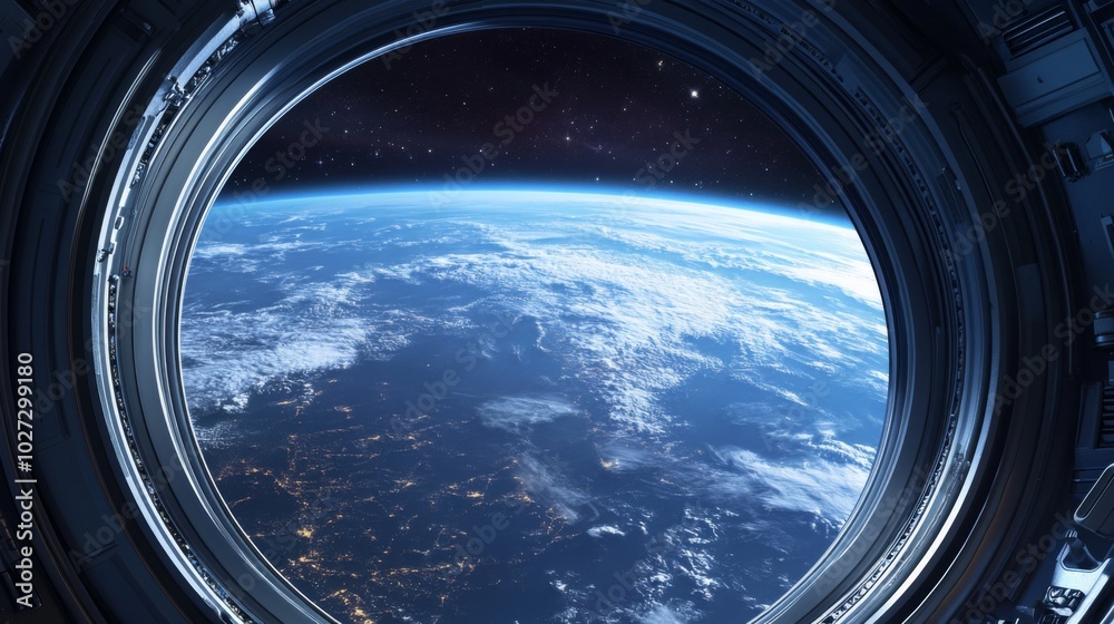 View of Earth from a spacecraft window with a starry night sky.