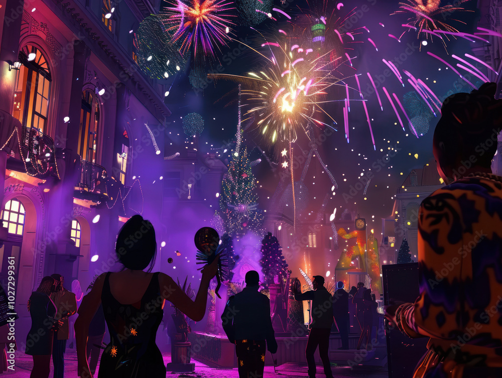 A virtual New Year event with friends joining in from around the world, with digital backgrounds, video chats, and interactive games A virtual New Year event with friends joining in from around the world, with digital backgrounds, video chats, and interactive games