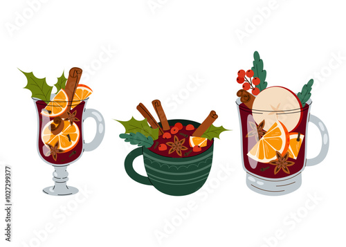 Mulled wine. A traditional Christmas hot drink. A flavourful winter drink. Set of cups with gluhwein. Flat illustration on white background.