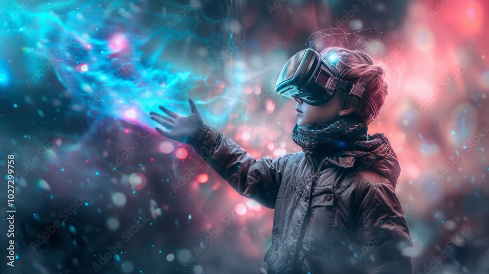 Young man in virtual reality goggles. Future technology concept. Mixed media Young man in virtual reality goggles. Future technology concept. Mixed media