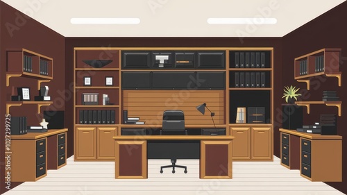 Brown furniture workplace office illustration with tables, desk, chair books binder interrior design