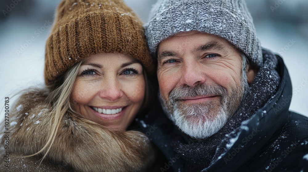 A man and woman are smiling at the camera in the snow A man and woman are smiling at the camera in the snow