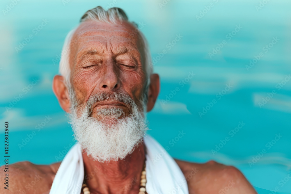 Elderly man meditating peacefully by calm waters at sunrise Elderly man meditating peacefully by calm waters at sunrise
