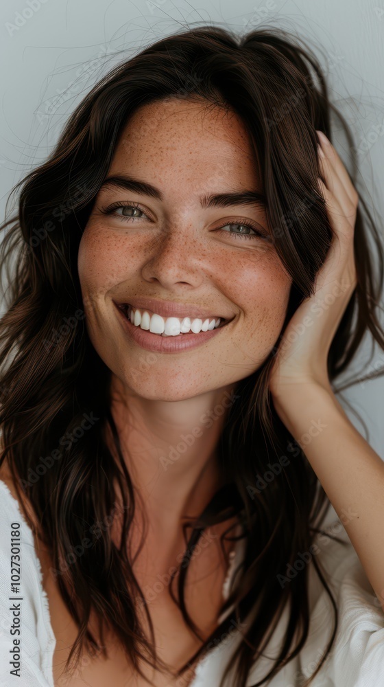 A smiling brunette woman touches her face against a white background, showcasing radiant skin and fresh mood with professional lighting A smiling brunette woman touches her face against a white background, showcasing radiant skin and fresh mood with professional lighting