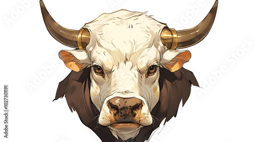 Illustration of cartoon cow head with horns on white background photo