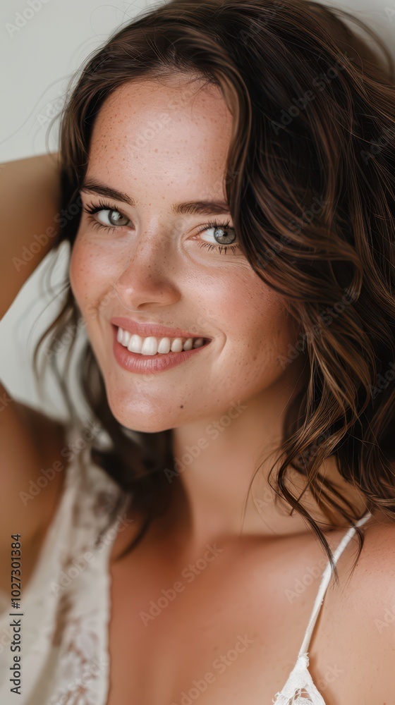 Brunette woman smiling softly while touching her face against a white background in a radiant close-up shot captured with professional lighting Brunette woman smiling softly while touching her face against a white background in a radiant close-up shot captured with professional lighting